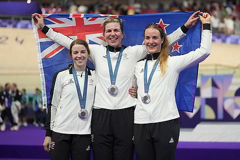 Paris Olympics Track Cycling women's team sprint: Silver medallists New Zealand's Rebecca Petch, left, Shaane Fulton, centre, and Ellesse Andrews